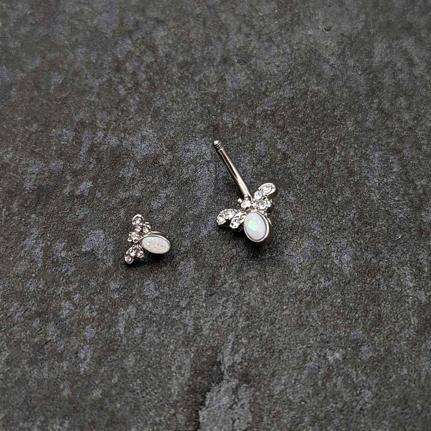 White Faux Opal Clear Gem Double Butterfly Double Mount Belly Ring - - BELLY RING Double Mount