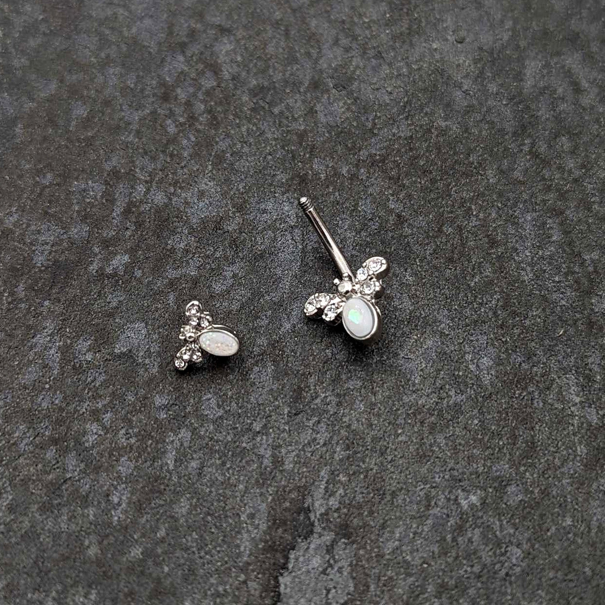 White Faux Opal Clear Gem Double Butterfly Double Mount Belly Ring - - BELLY RING Double Mount
