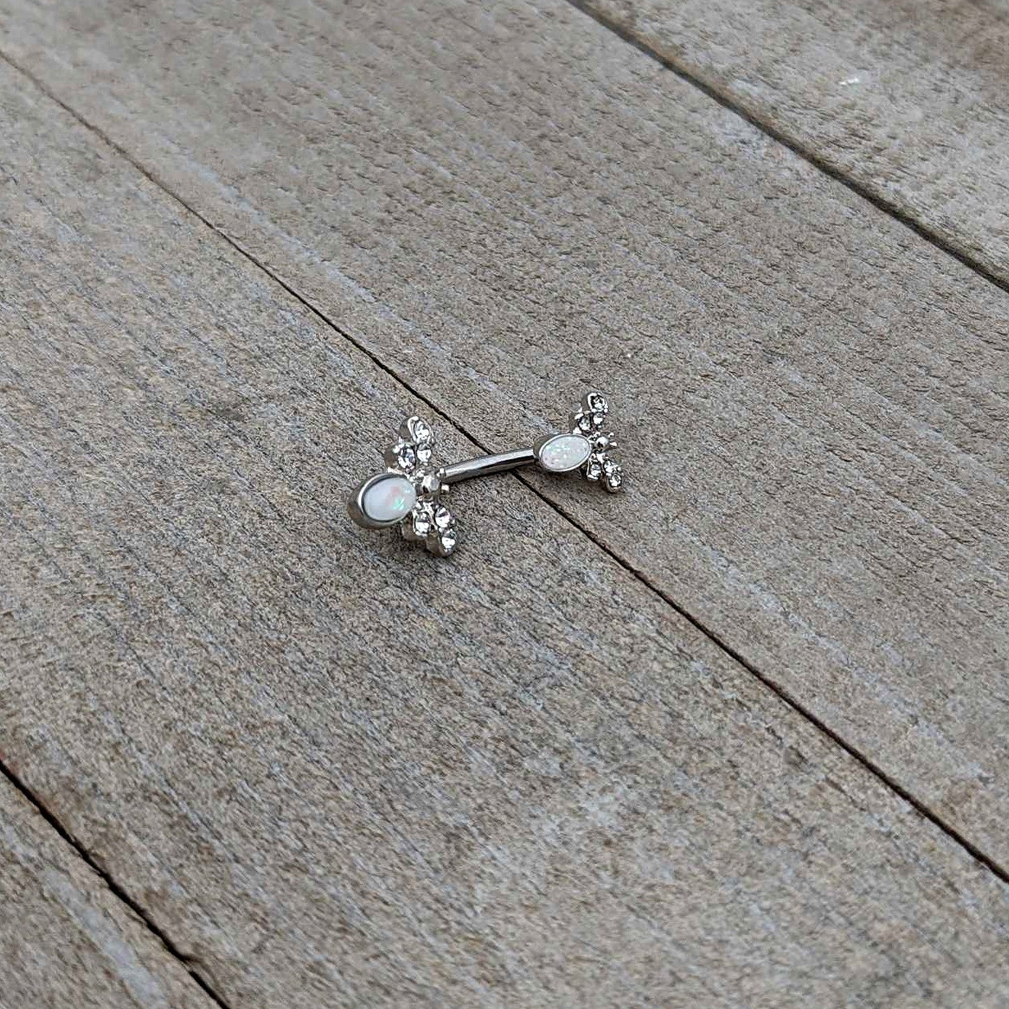White Faux Opal Clear Gem Double Butterfly Double Mount Belly Ring - - BELLY RING Double Mount