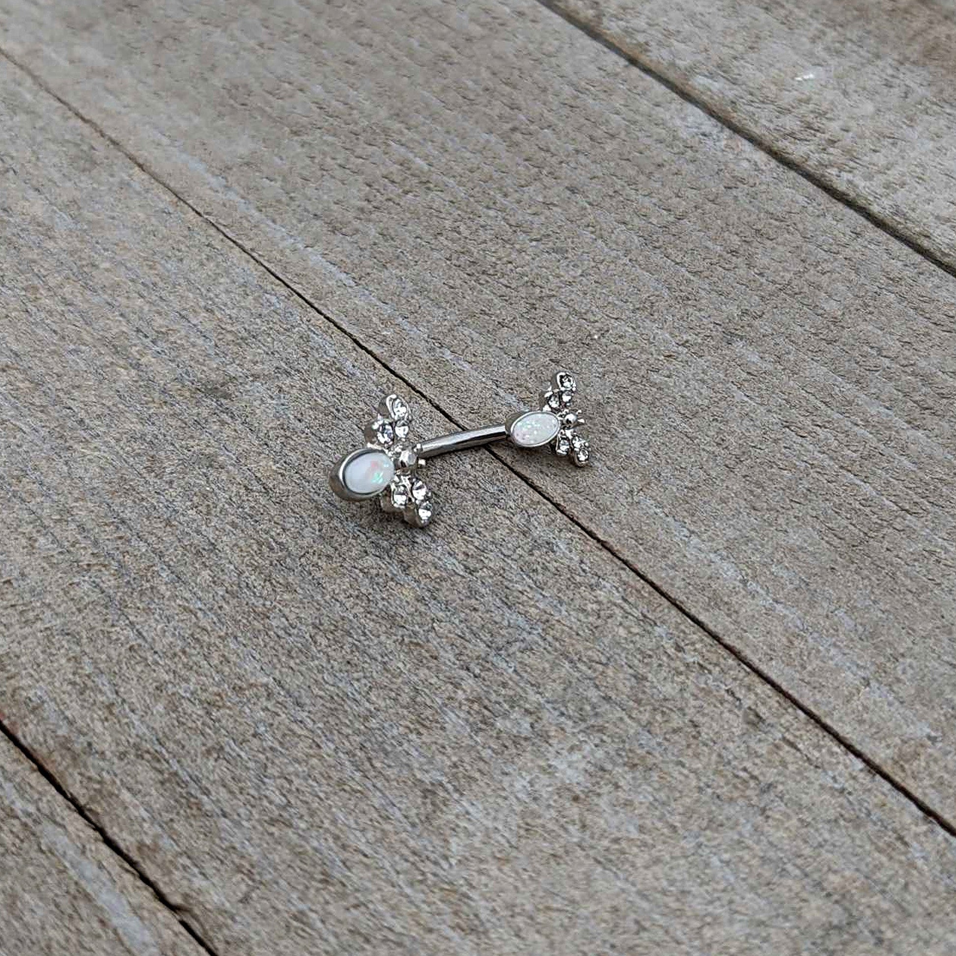 White Faux Opal Clear Gem Double Butterfly Double Mount Belly Ring - - BELLY RING Double Mount