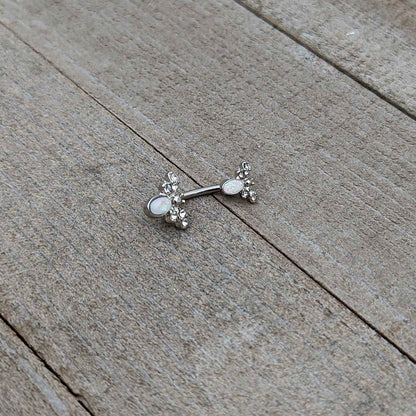 White Faux Opal Clear Gem Double Butterfly Double Mount Belly Ring - - BELLY RING Double Mount