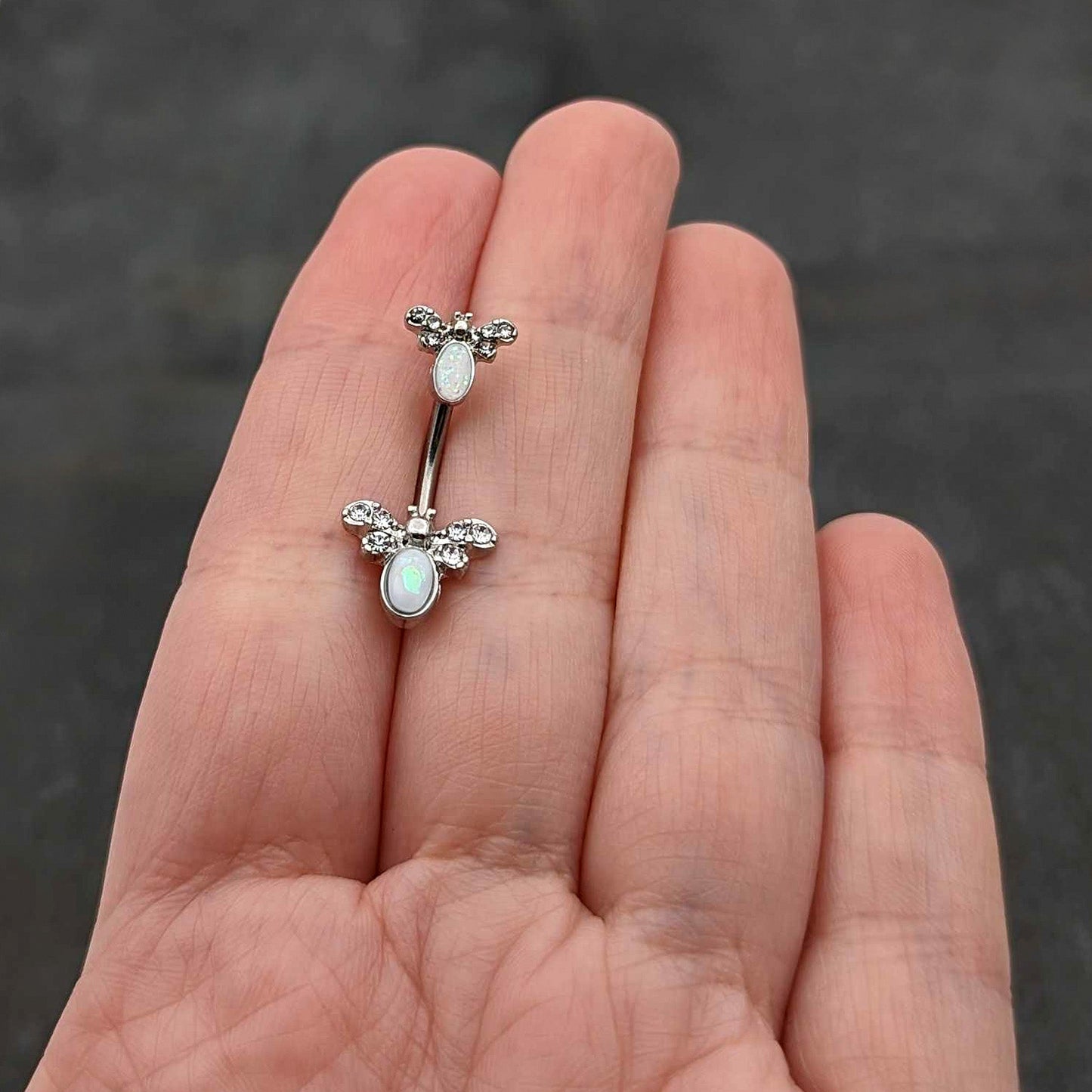 White Faux Opal Clear Gem Double Butterfly Double Mount Belly Ring - - BELLY RING Double Mount