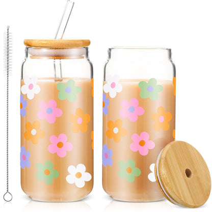 Cunhill 2 Sets 16 oz Glass Cups with Lids and Straws - - drinkware