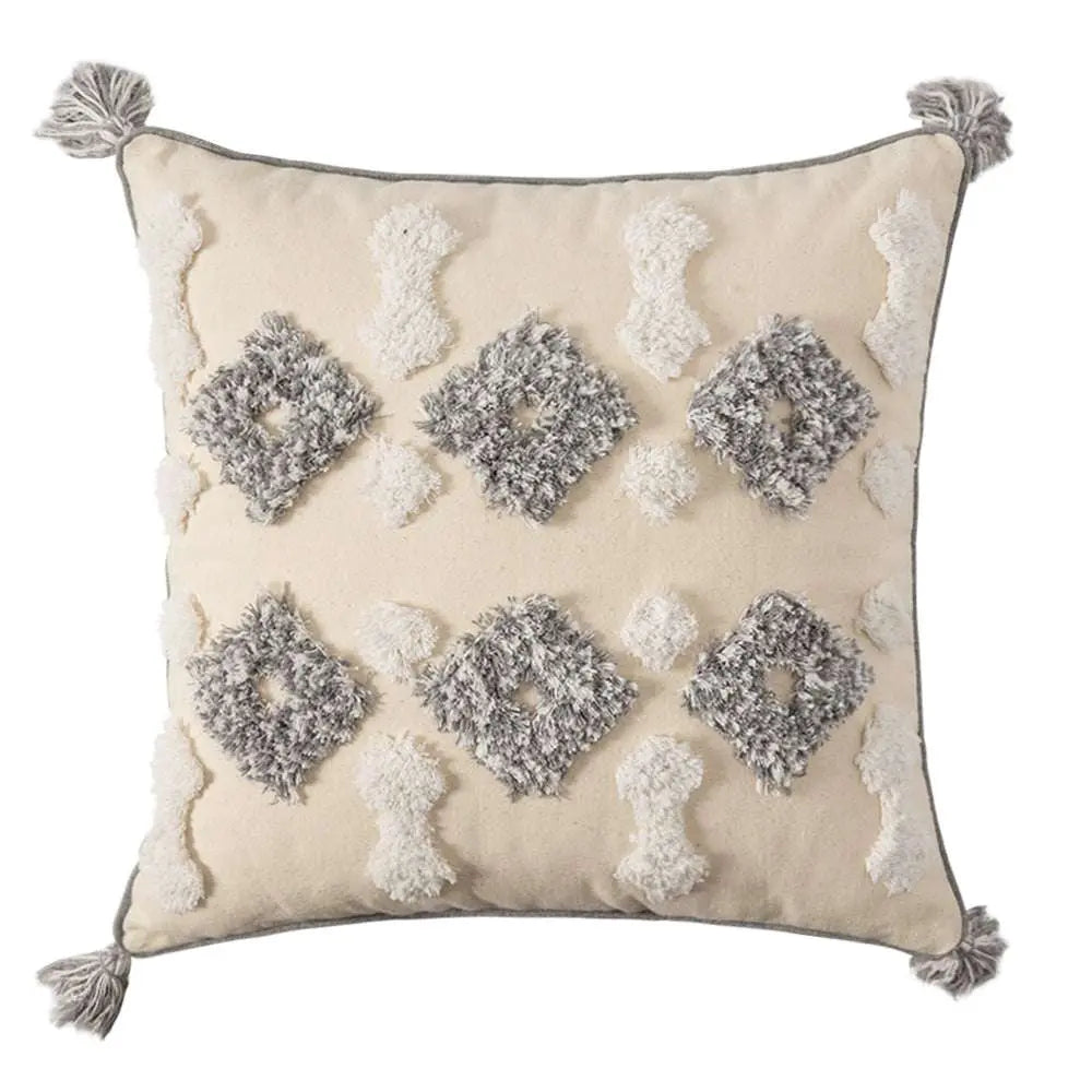 Cotton Macrame Pillow Case Woven Tufted Throw Pillow Cover With Tassel grey light beige