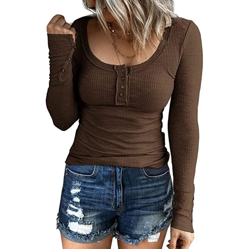 Casual Knit Button Long Sleeve Ladies T Shirt