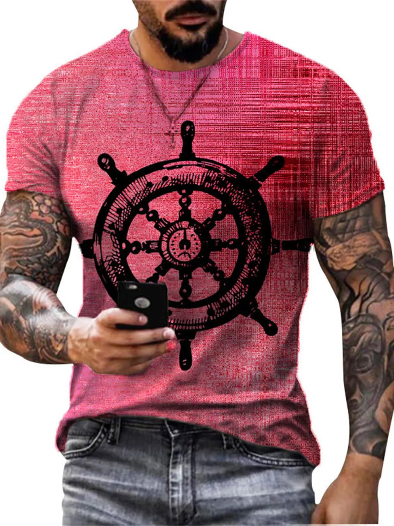 Men's Full Size Artistic Compass Graphic Round Neck T-Shirt Plus Size - Strawberry -