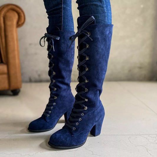 Lace Up Block Heels Boots - -