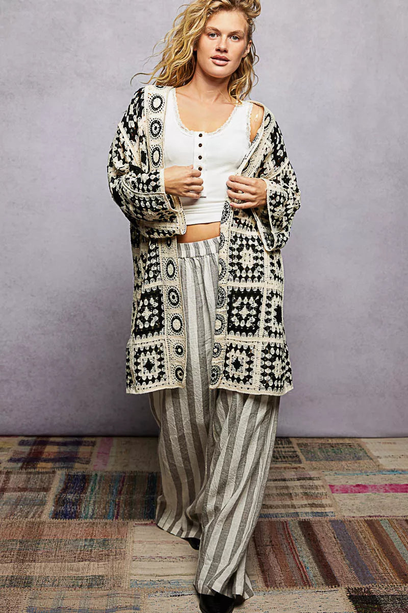 POL Black Granny Square Pattern Open Front Crochet Cardigan - - Cardigans