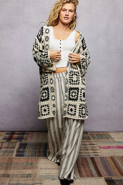 POL Black Granny Square Pattern Open Front Crochet Cardigan - - Cardigans