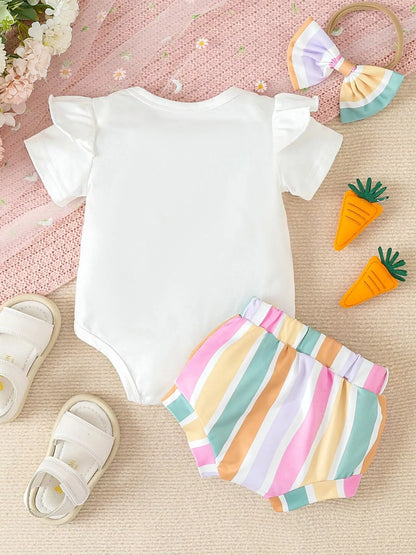 Children's Ruffled Short Sleeve Bodysuit and Shorts Set with Headband - -