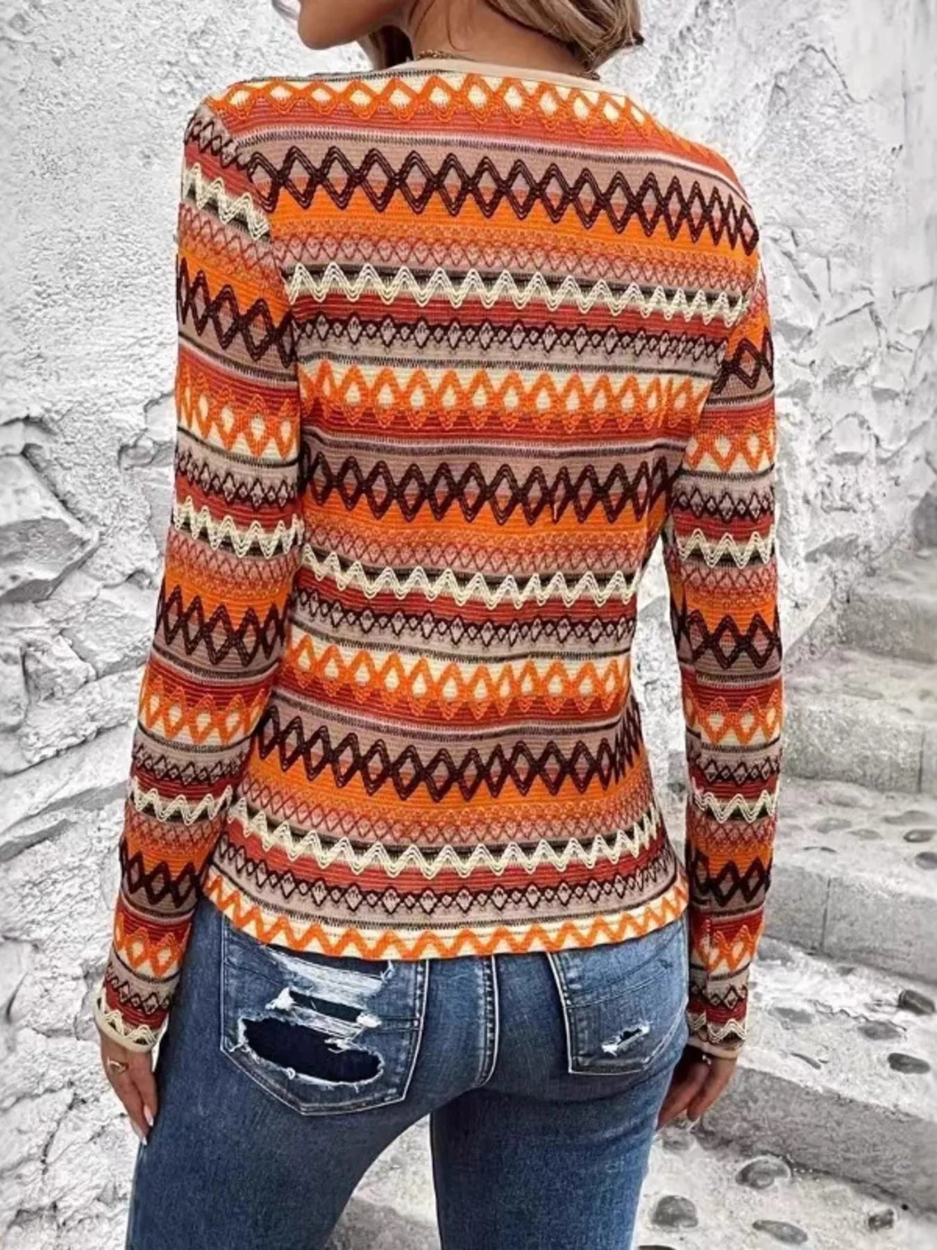 Bohemian Geometric Pattern Long Sleeve T-Shirt - -