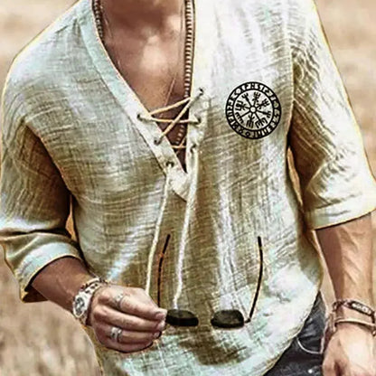 Mens Tee Shirt Solid Tops Pullover v Neck Lace-Up Loose Top Casual Half Sleeve