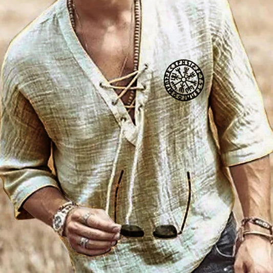 Men's Tee Shirt Solid Tops Pullover v Neck Lace-Up Loose Top Casual Half Sleeve