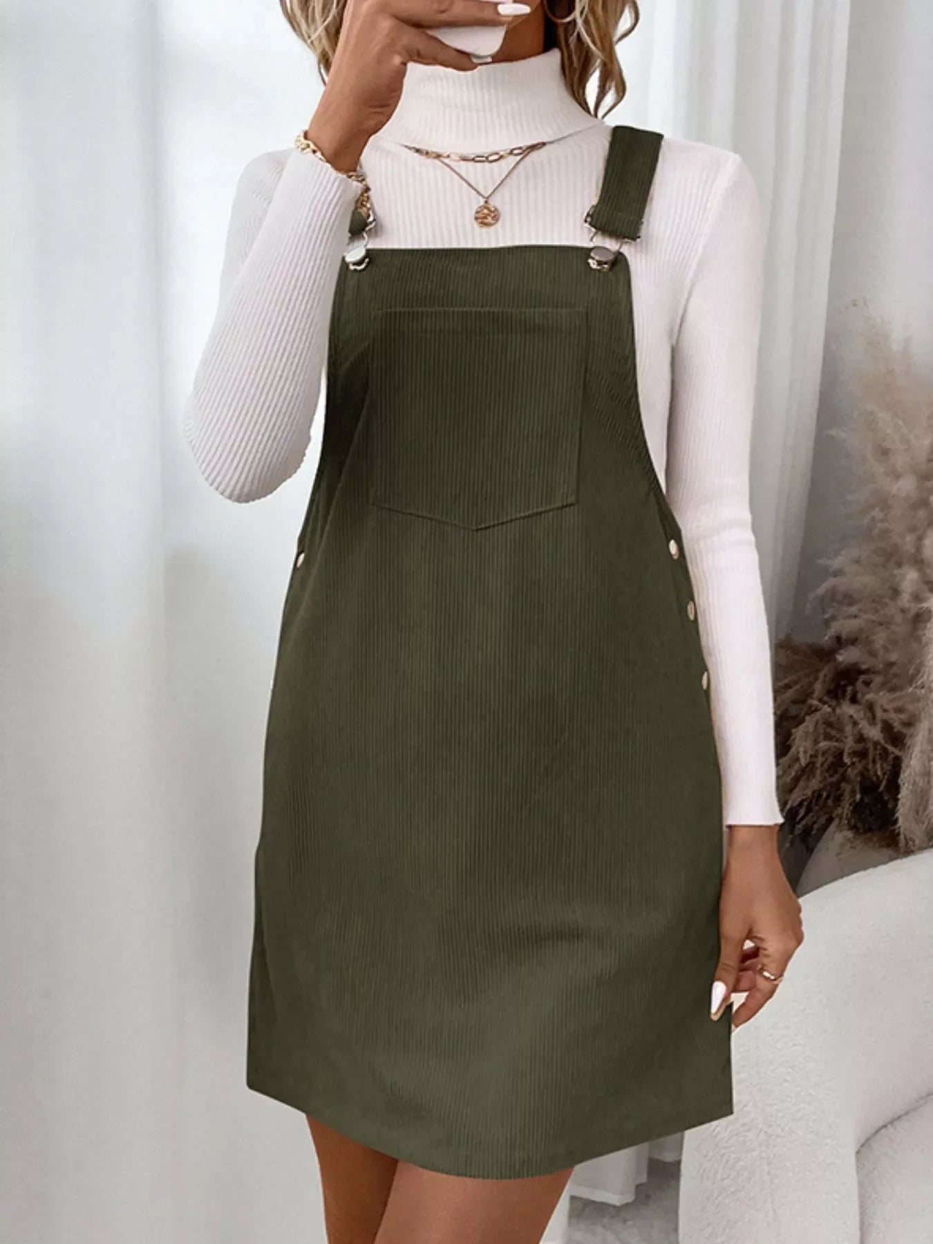 Corduroy Overall Mini Dress with Adjustable Straps - -
