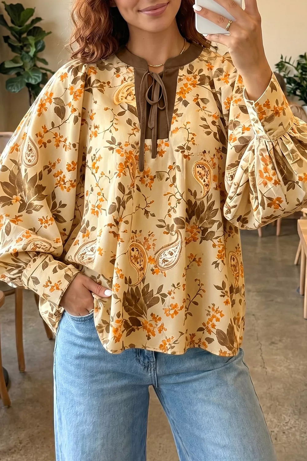 Paisley Print Tie Neck Long Sleeve Shift Top - Tan -