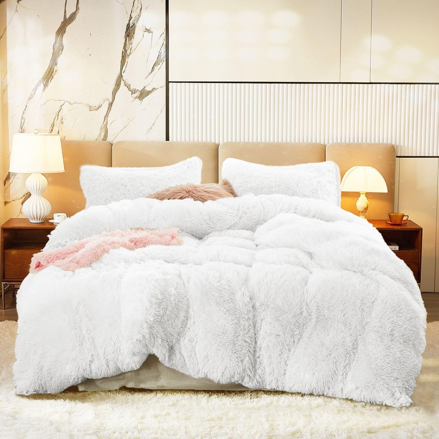 White 3 Piece Shaggy Comforter Set Twin Size - White Twin 68"x86" - blanket