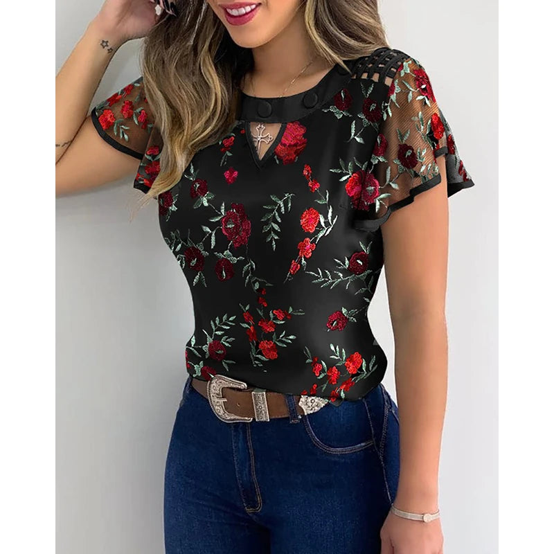 Women's Mesh Ruffled Sleeve Flower Embroidery Cutout Sheer Round Collar Shirt