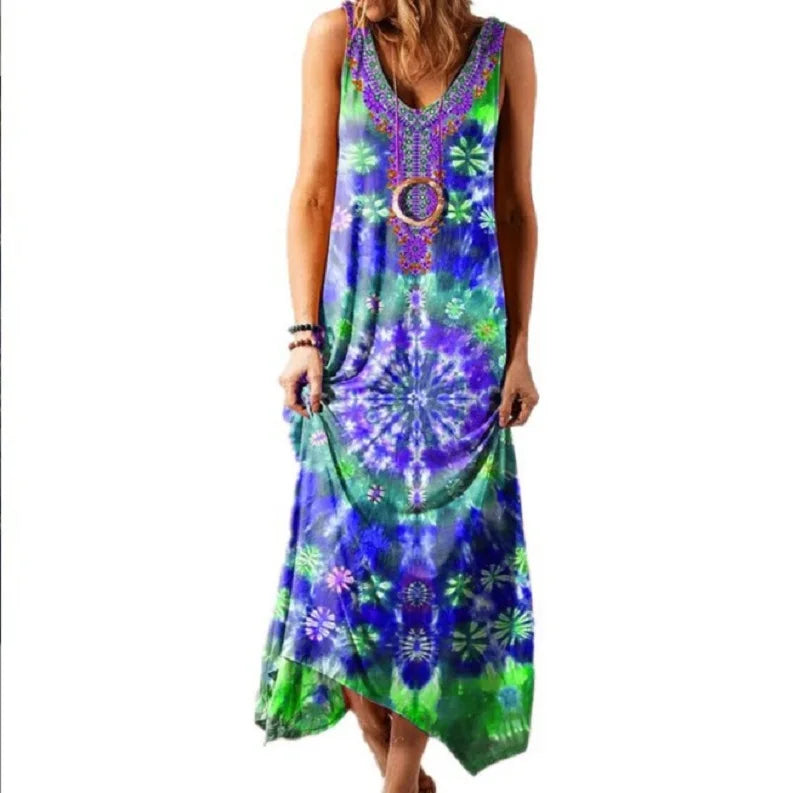 Vintage Mandala Printed Tie-Dye Floral Long Maxi Dress Style