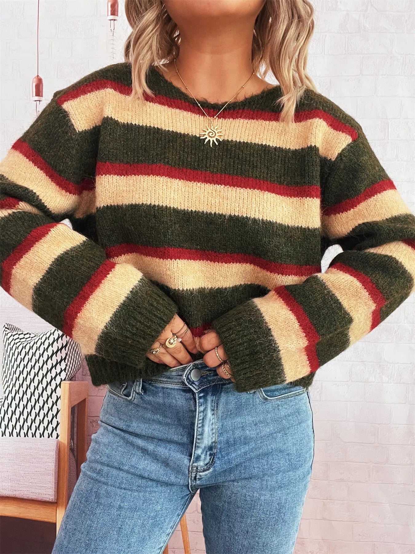 Striped Round Neck Long Sleeve Sweater - Army Green One Size -