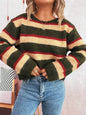 Striped Round Neck Long Sleeve Sweater - Army Green One Size -