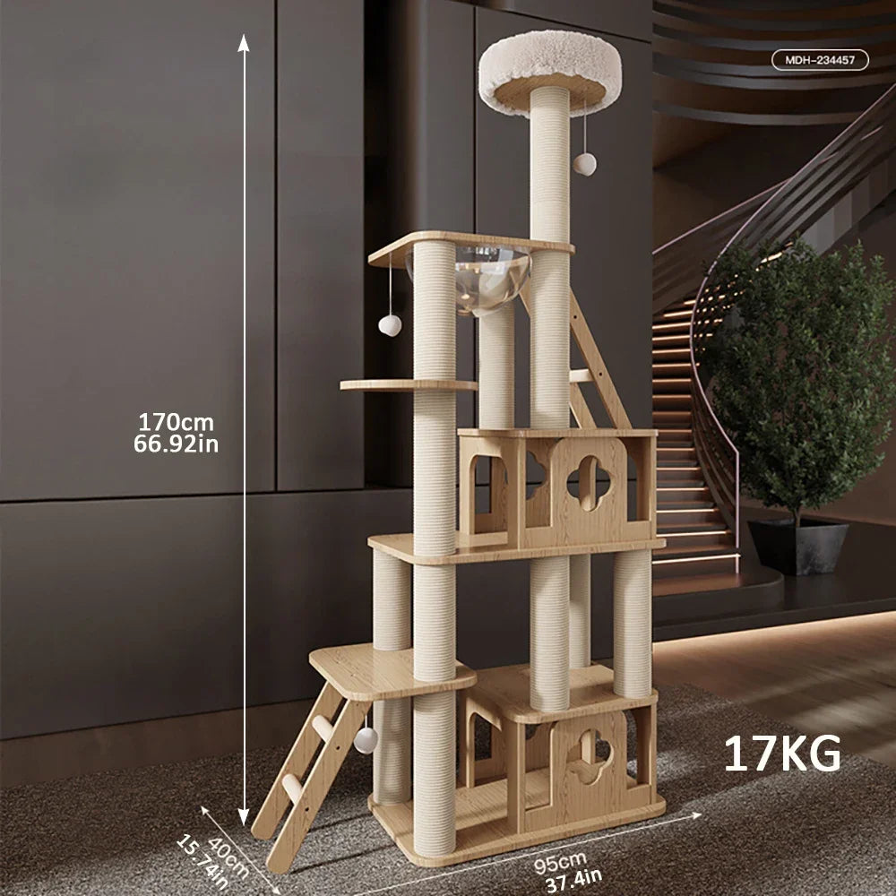 Wood Cat Tree House Cat Tower With Sisal Rope Scratching Posts Climbing Toy