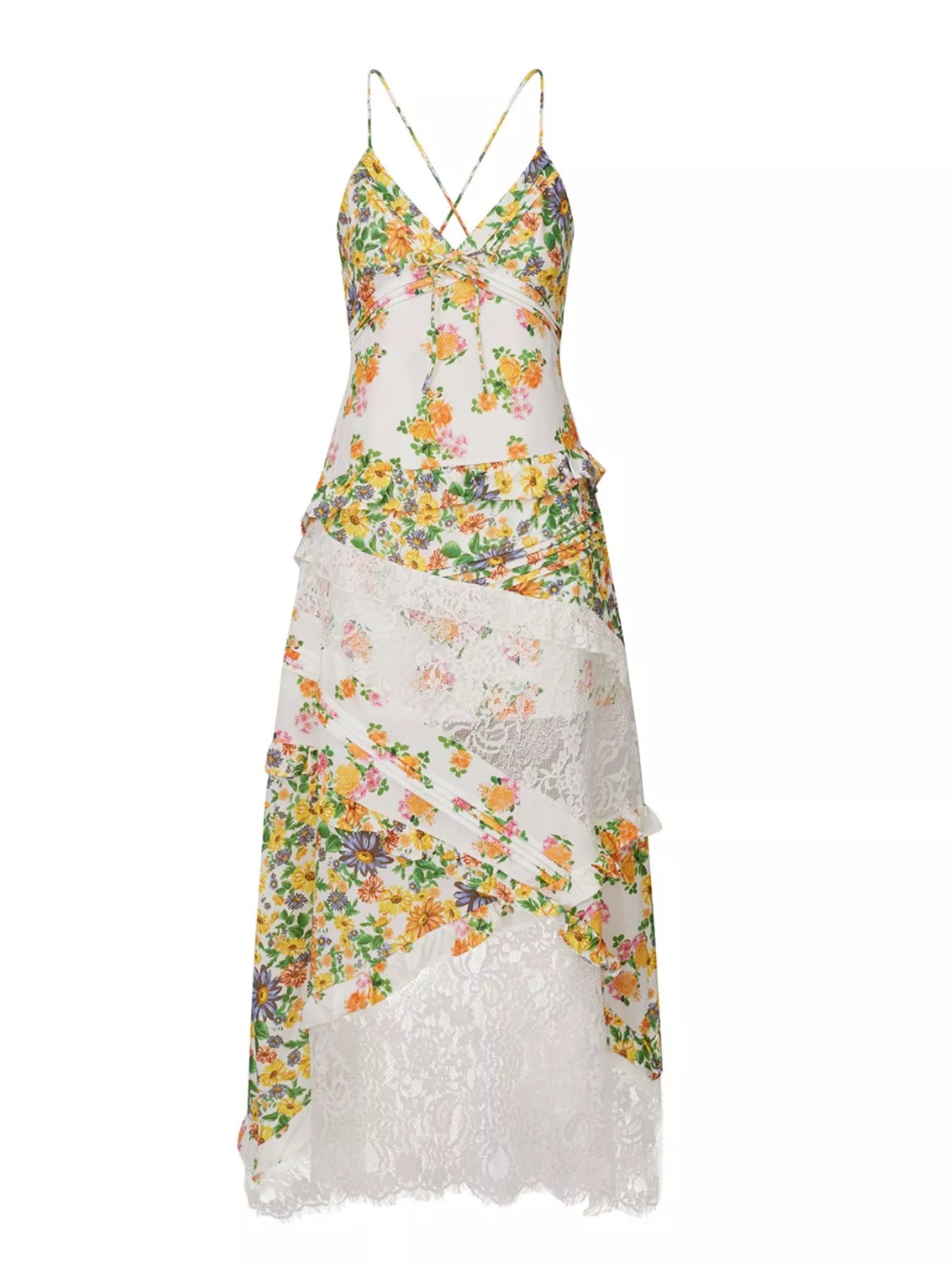 Lace Floral Print Ruffle Trim Maxi Dress - -
