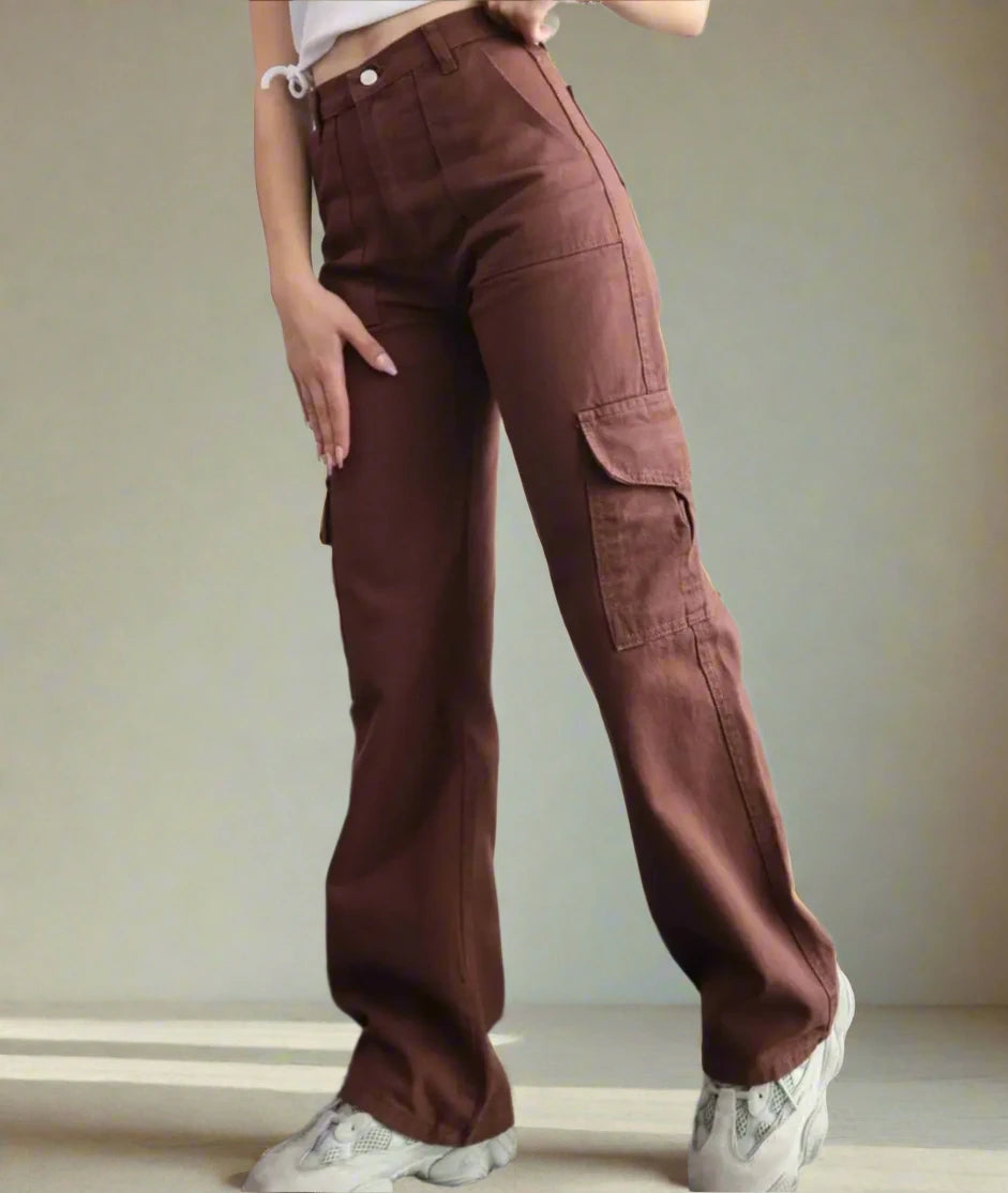 Cargo Pants Ladies Casual High Waisted Trousers With Pocket