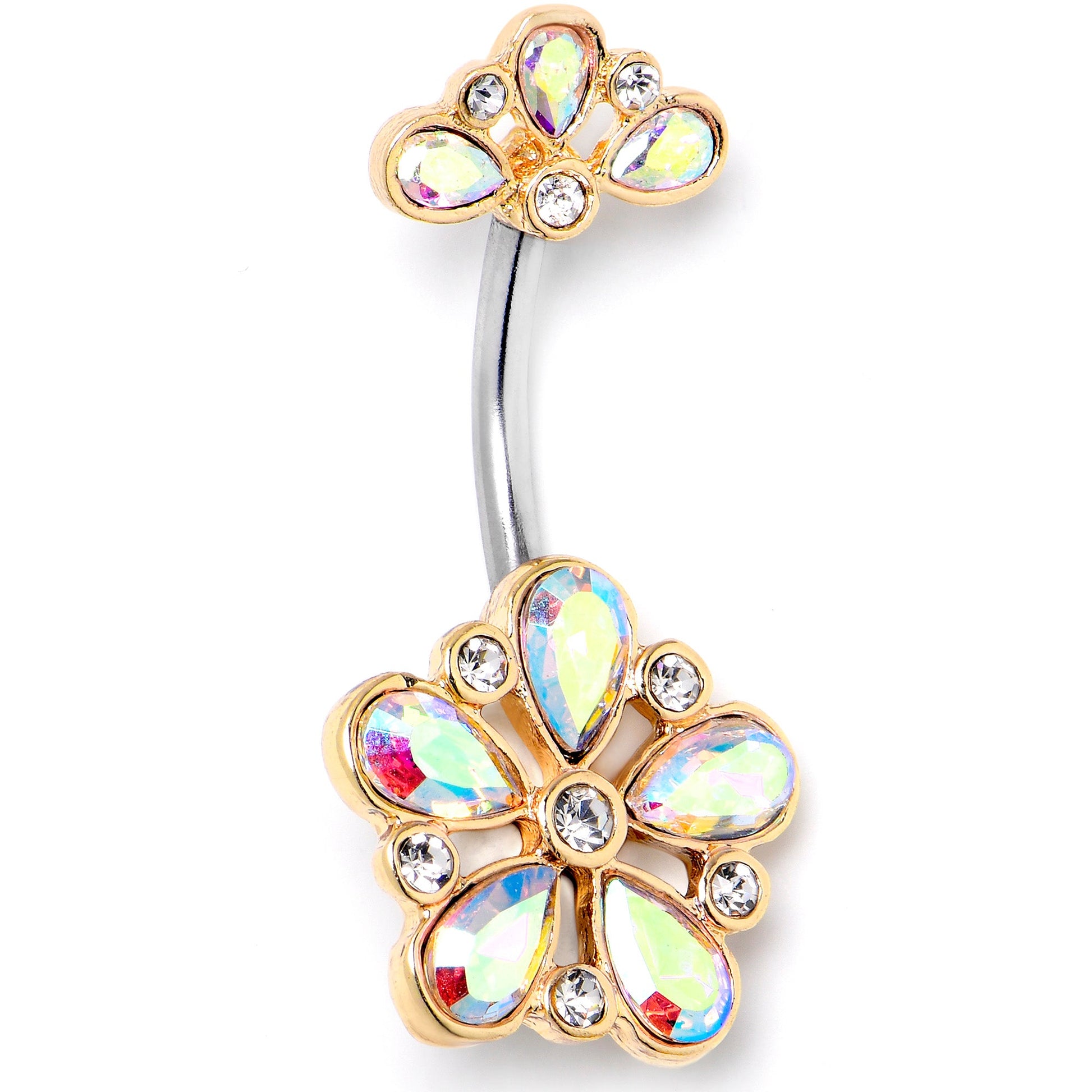 Aurora Clear Gem Filigree Flower Fantasy Double Mount Belly Ring - - BELLY RING Double Mount