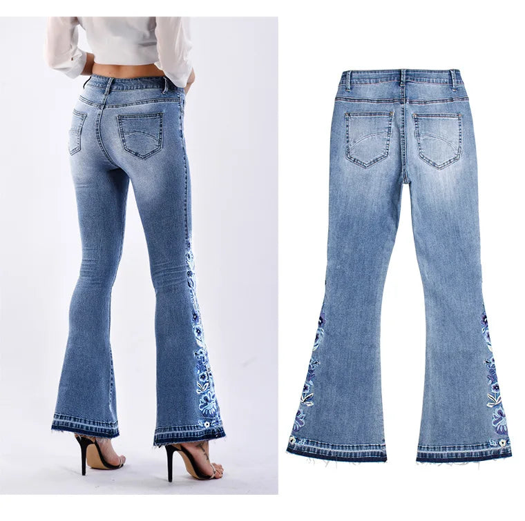 High Waist Wide Leg Bell-Bottom Custom Embroidered Jeans