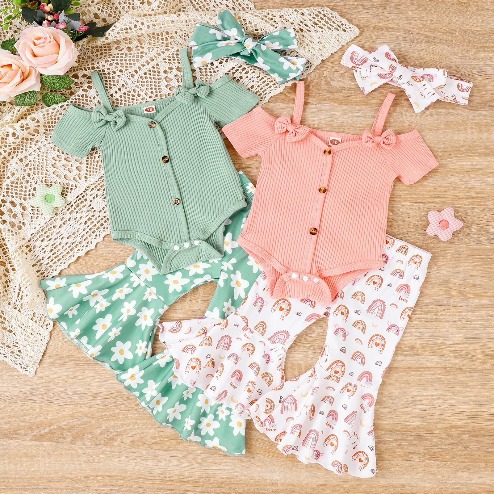 Solid Color Sling Off-shoulder Top Floral Bell-bottom Pants Suit- Baby Joy- {{Product type}}