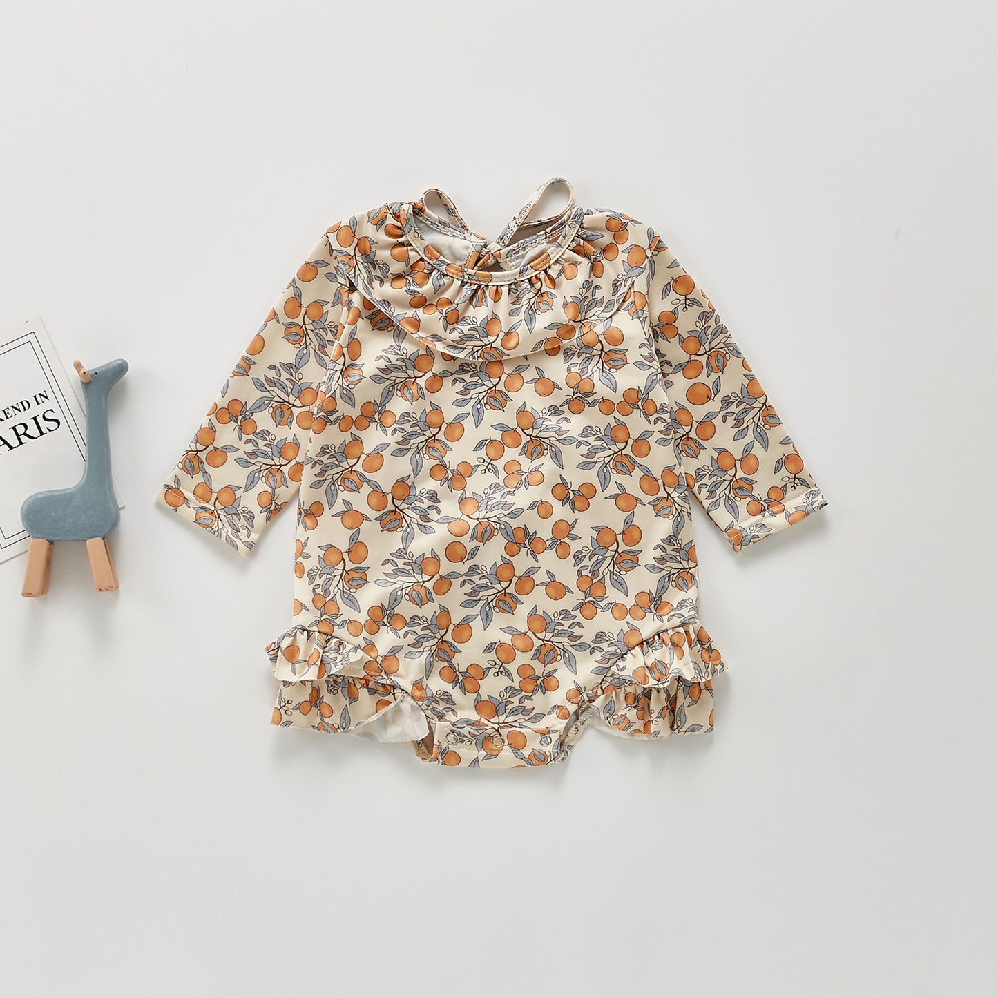 Cute Lemon Floral Ruffled One-Piece Swimsuit - Brown Long sleeve 100cm - baby swimsuit