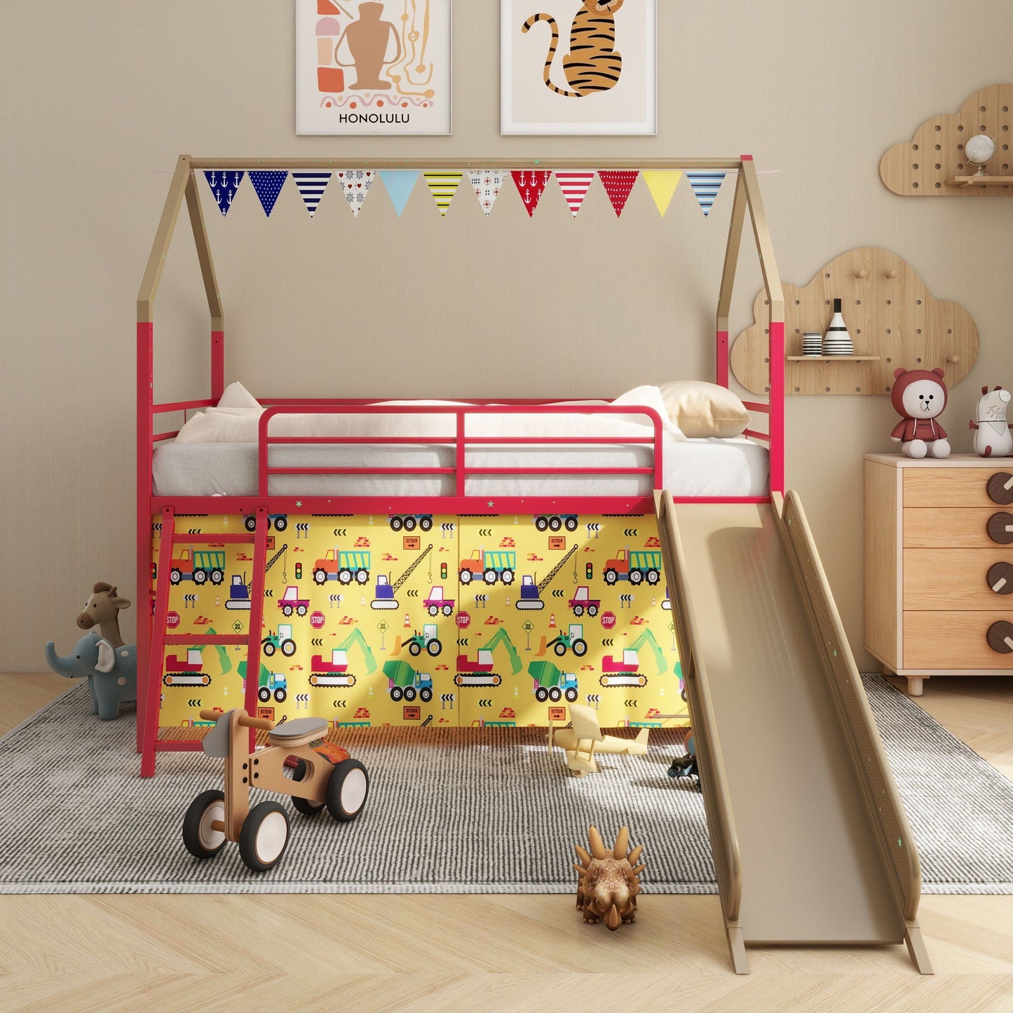 Jack - House Loft Bed With Slide And Curtain Set- HouseOfZazla- {{Product type}}