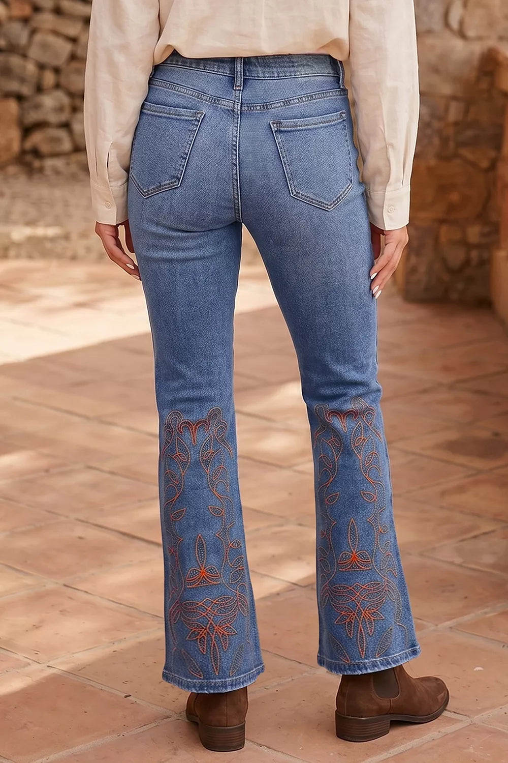 Embroidered Flare Leg Jeans - -