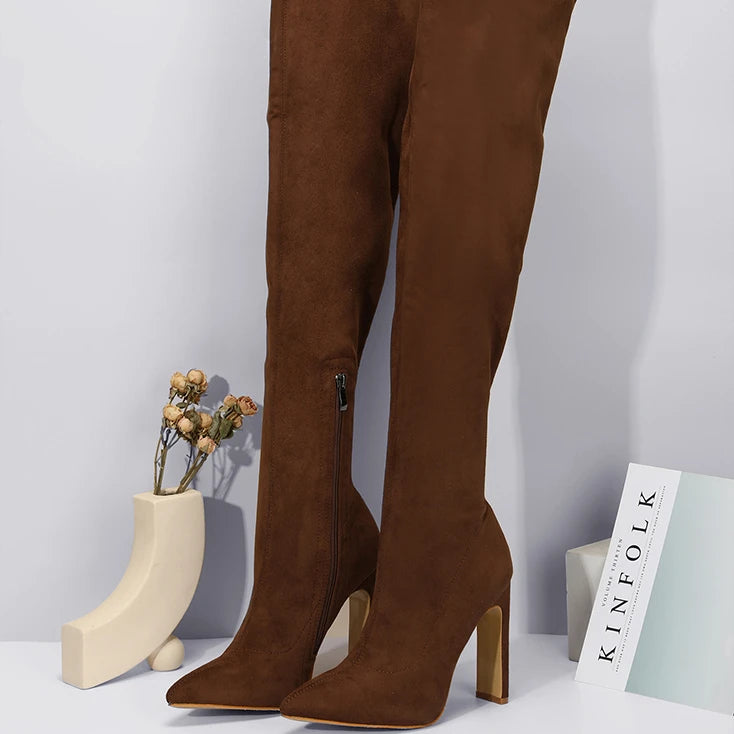 Pointed Toe Thin Block Heel Knee High Long Boot Faux Suede