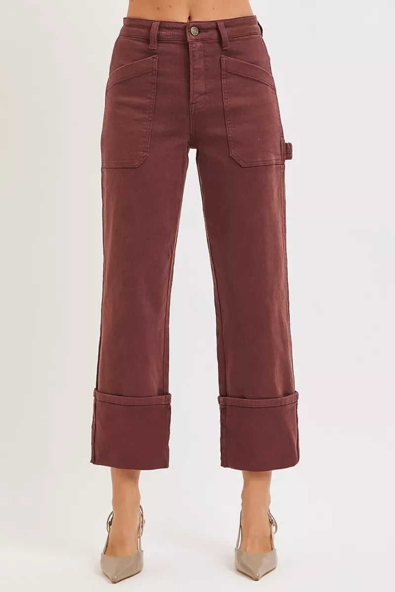 RISEN High Rise Wide Straight Cuffed Patch Jeans - CHOCO BROWN - jeans