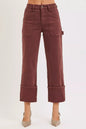 RISEN High Rise Wide Straight Cuffed Patch Jeans - CHOCO BROWN - jeans
