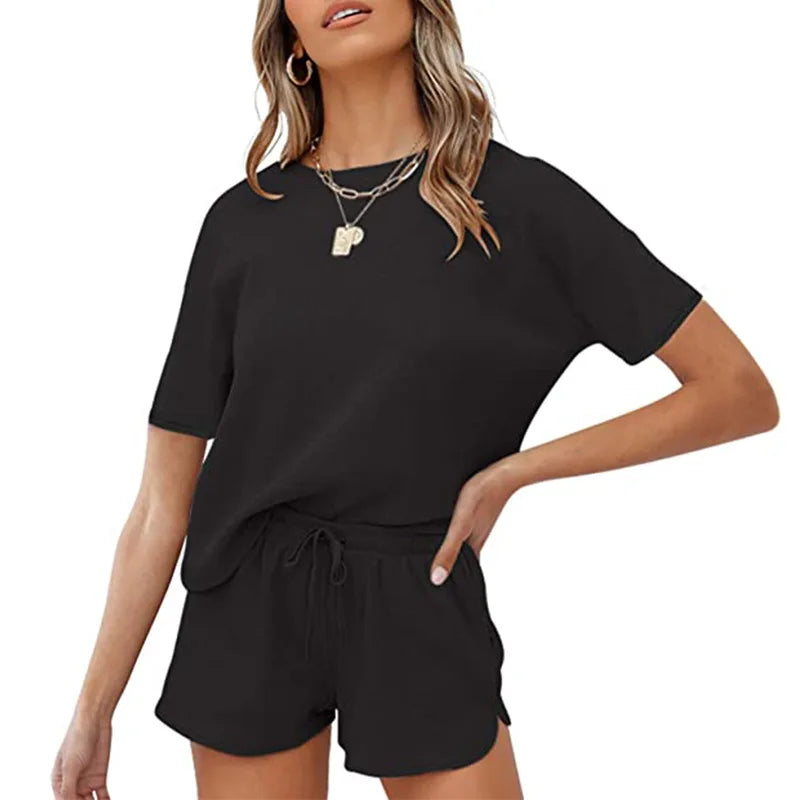 Loungewear Sets Waffle Solid Two Piece Casual Home Wear Shorts Sets T Shirt