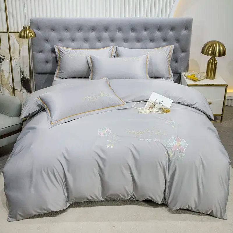 Organic Embroidered 4pcs Silky Satin Bedding Set