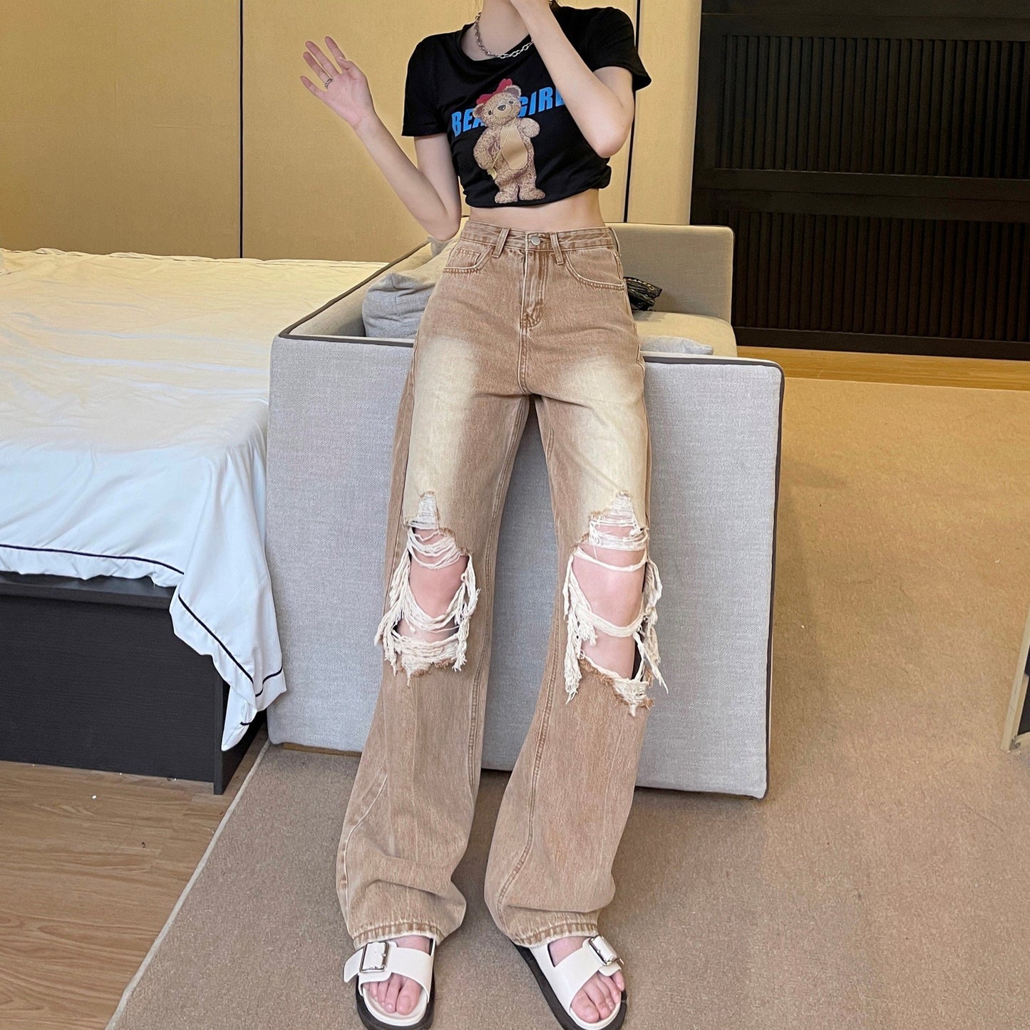 Womens Retro Straight Casual Jeans - - jeans