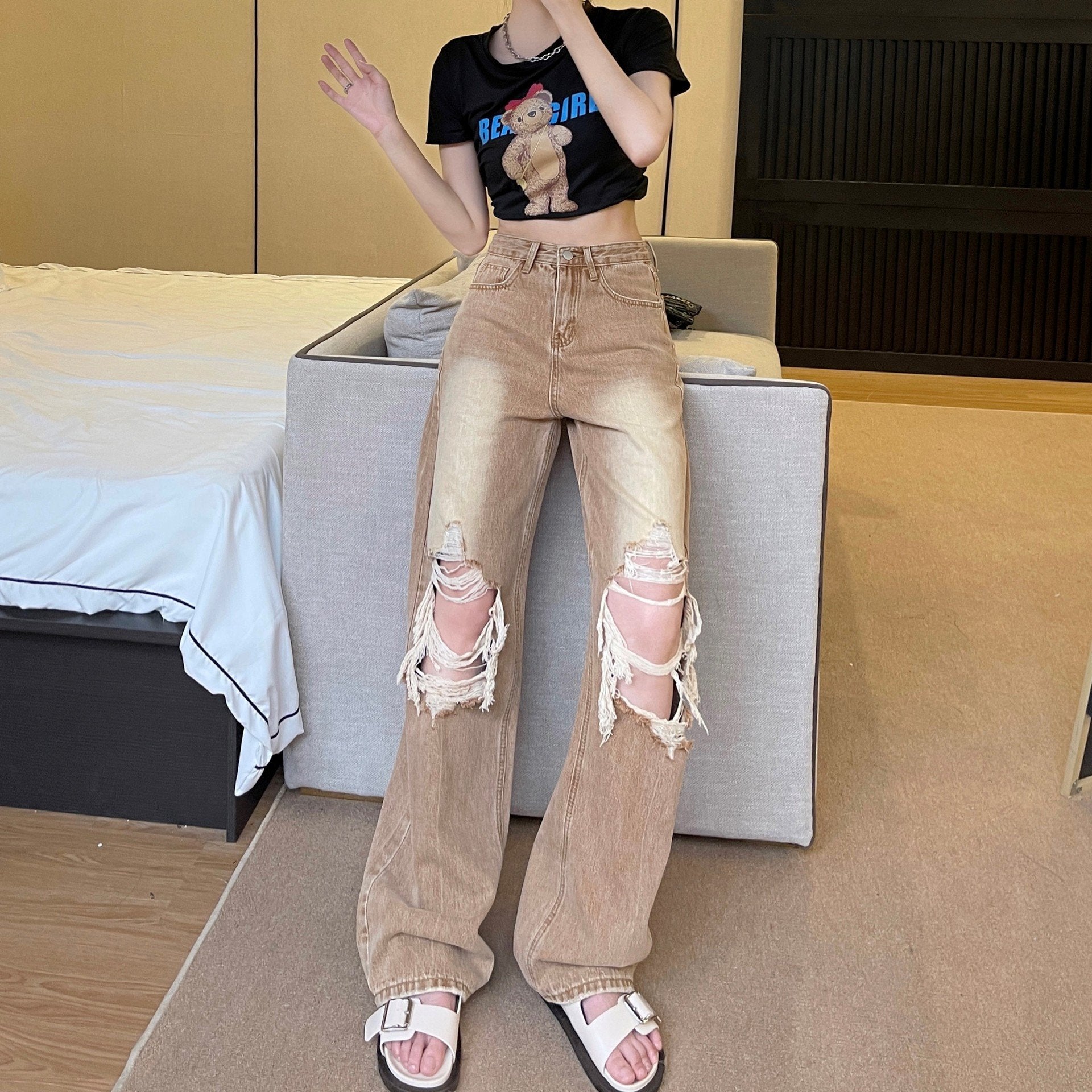 Womens Retro Straight Casual Jeans - - jeans
