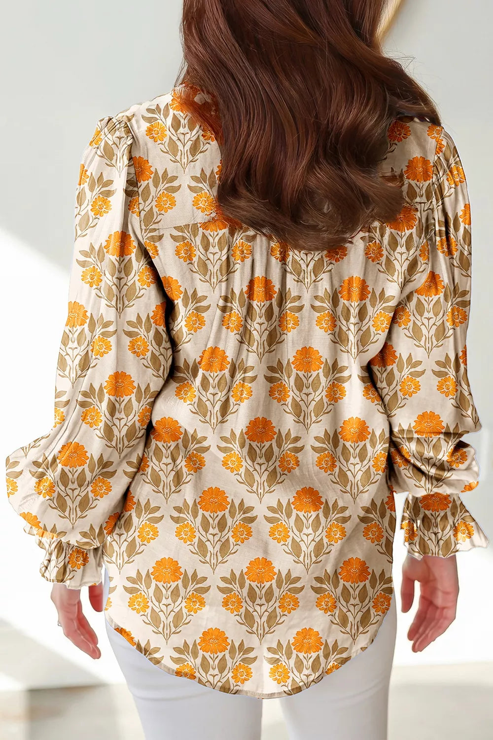 Floral Print V Neck Long Sleeve Top - -