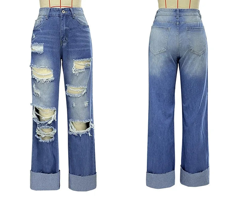 Women Casual Denim Long Pants Ladies Ripped Jeans