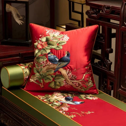 Embroidered Magpies Silk‑Like Pillowcase – Asian Home Decor 18" × 18" - Red 450mm*450mm - Pillowcases