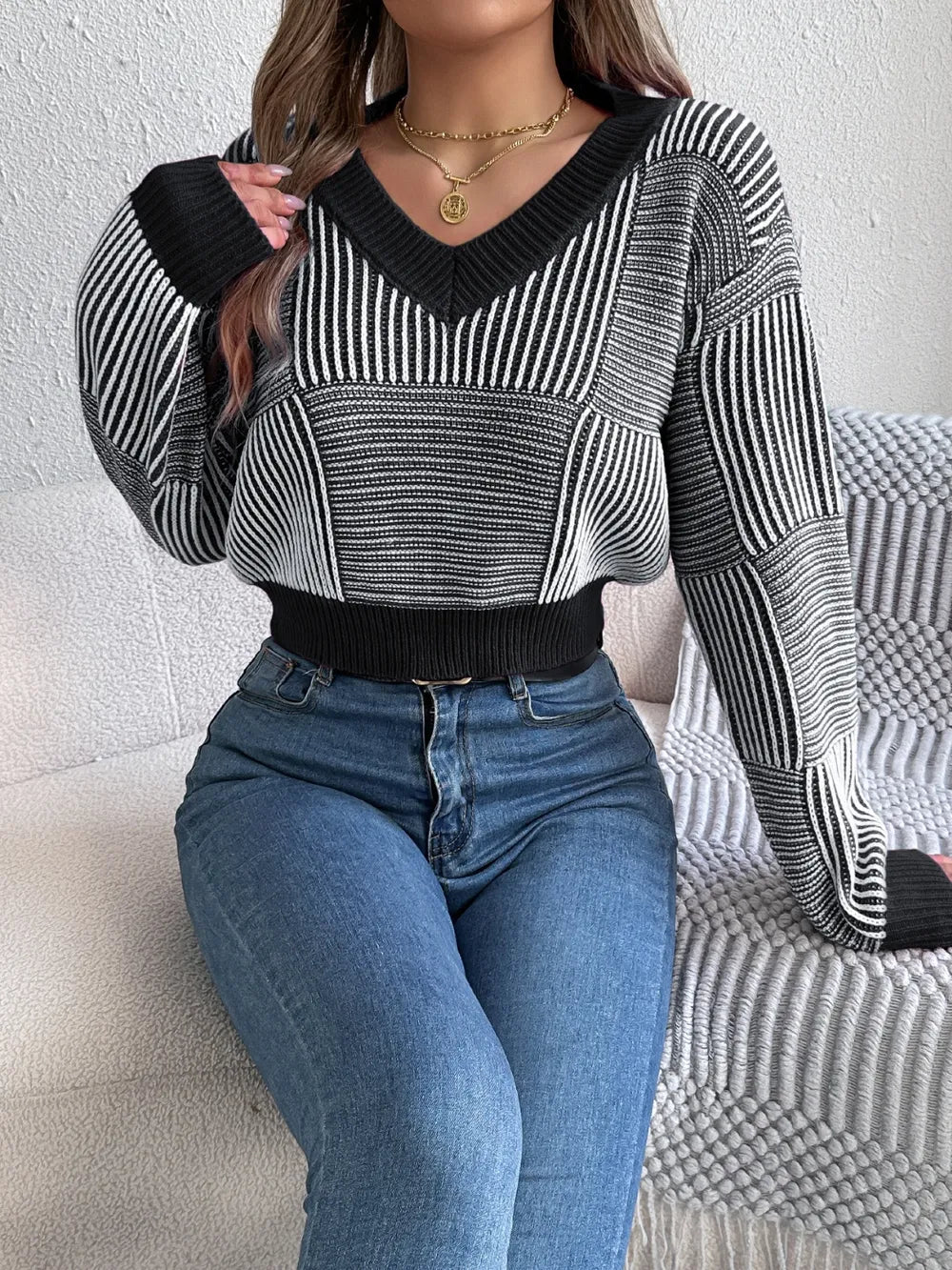 Striped V-Neck Long Sleeve Sweater - -