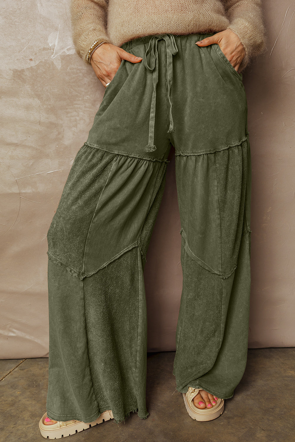 Vineyard Green Mineral Wash Tiered Wide Leg Patchwork Drawstring Pants - - Bottoms/Pants & Culotte