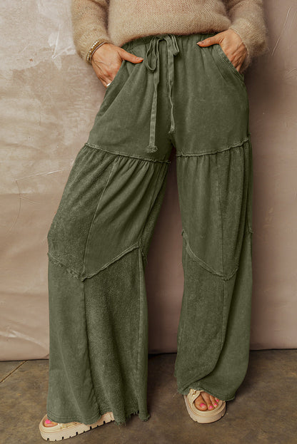 Vineyard Green Mineral Wash Tiered Wide Leg Patchwork Drawstring Pants - - Bottoms/Pants & Culotte