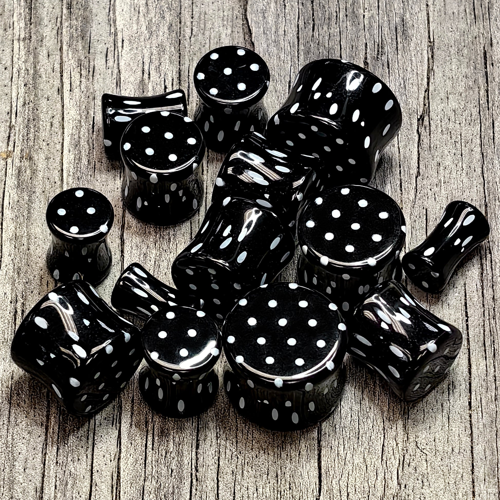 Black Acrylic Polka Dots White Double Flare Plug Set - - PLUG Double Flare