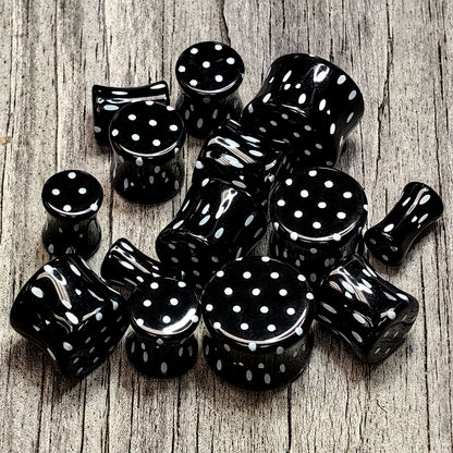 Black Acrylic Polka Dots White Double Flare Plug Set - - PLUG Double Flare