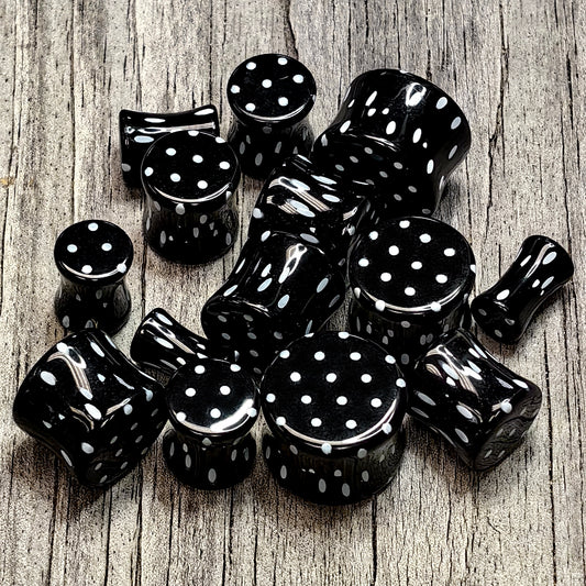 Black Acrylic Polka Dots White Double Flare Plug Set - - PLUG Double Flare