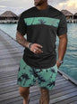 Men's Full Size Tropical Palm Tree Tee and Shorts Set Plus Size - Dark Green -
